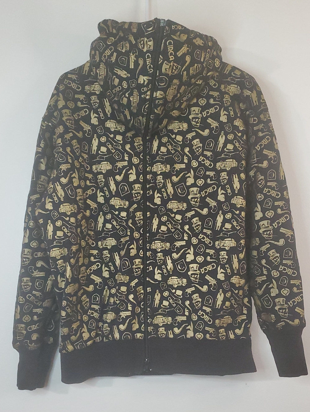 Vintage Circa Y2K Skate Hoodie Black Gold Graphic Print Size Small Baggy Mens - Picture 5 of 16